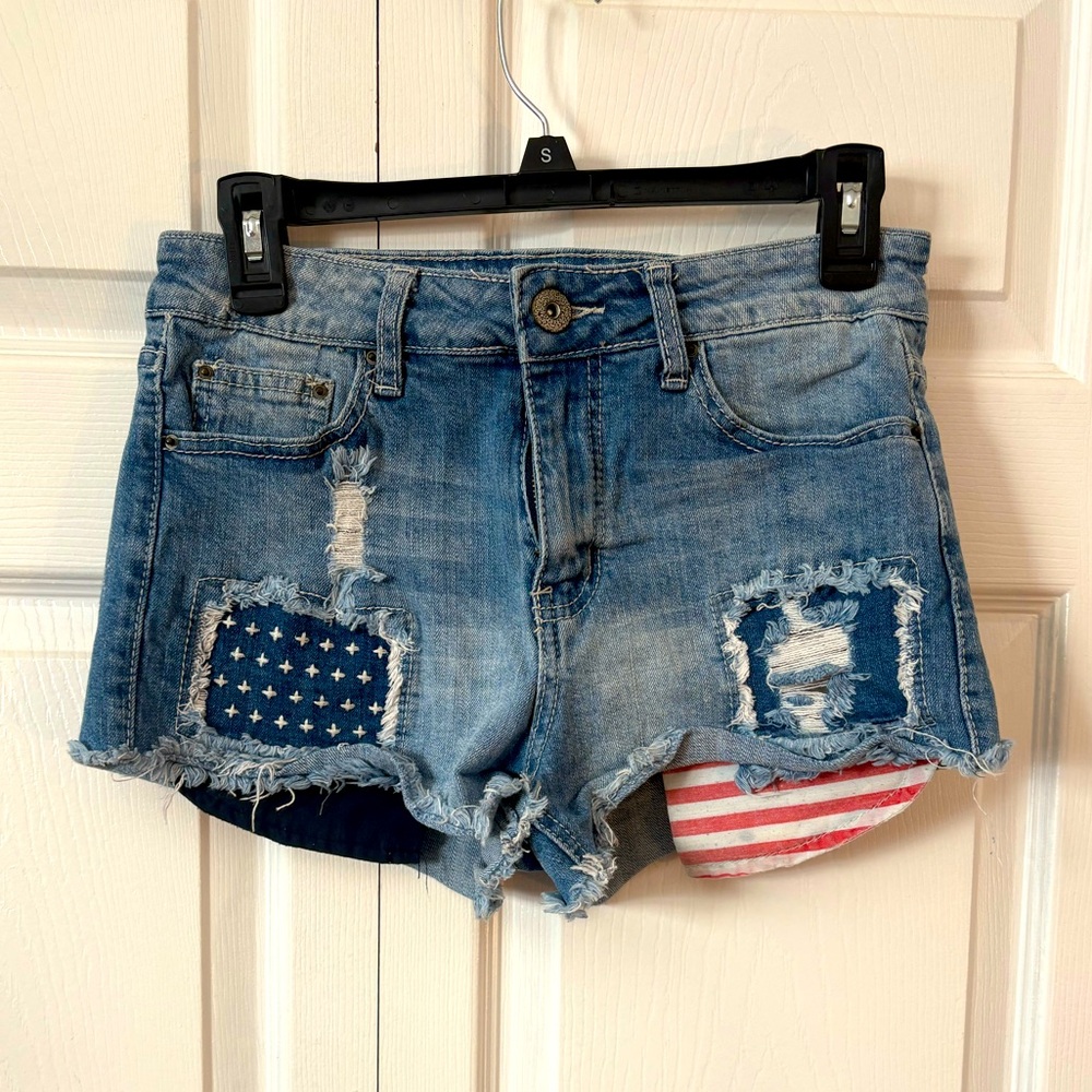 WOMENS HIGH WAISTED AMERICAN FLAG CUT OFF JEAN SHORTS SZ 7/8